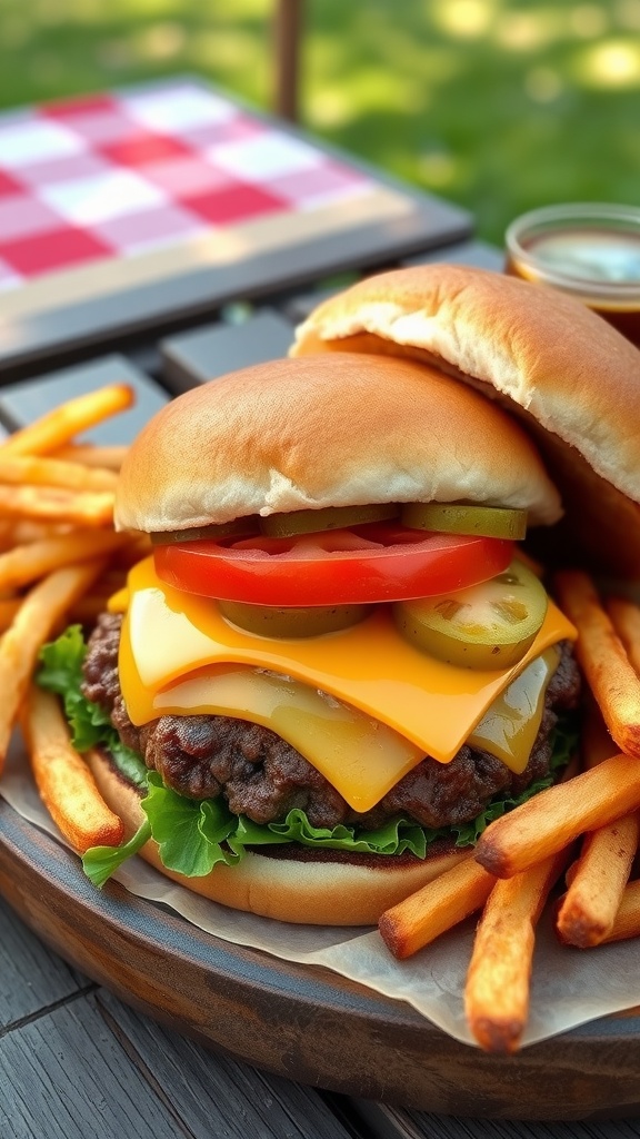 A classic cheeseburger with toppings and crispy fries on a picnic table.